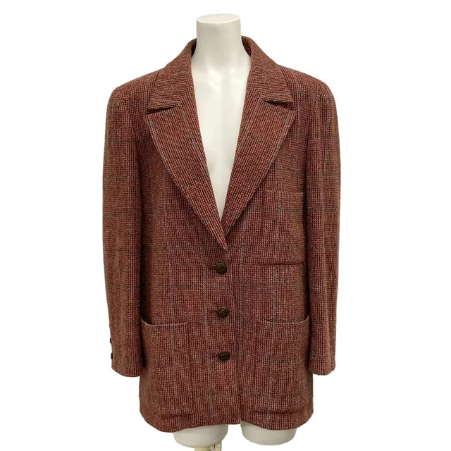 Chanel Jacket M Red Dark Brown Multi Shoulder Pad Long Sleeve Plaid Pattern Wool in Brown Wool from The Reluxe