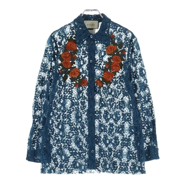 Gucci Floral Shirt Embroidery Lace Long Sleeve Navy in Navy Nylon from The Reluxe