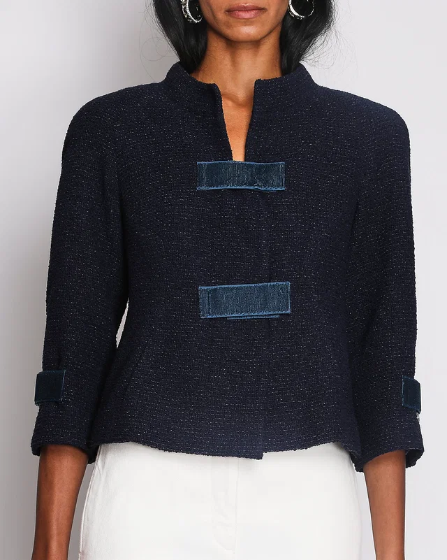 Chanel 17/C Navy Cropped Sleeve Jacket with Vecro Fastening Detail Size FR 38 (UK 10) in Navy Wool from Sellier