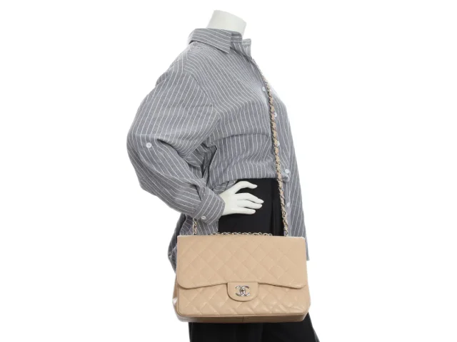 Chanel Jumbo Beige Quilted Caviar Classic Single Flap in Beige Caviar leather from Ann's Fabulous Finds, photo 9 of 9