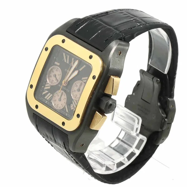 Cartier Santos 100 Chronograph XL Two-Tone W2020004 Men's Watch Black K18PG Automatic Self-Winding… in Black Crocodile from Luxury Promise