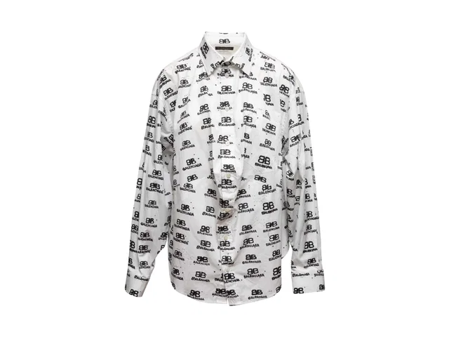 White & Black Balenciaga Logo Print Button-Up Top Size FR 34 in Black from Designer Revival