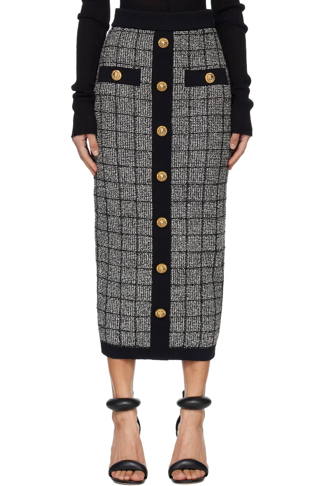 Black & White Buttoned Knit Light Tweed Maxi Skirt, image 1 of 1 from SSENSE