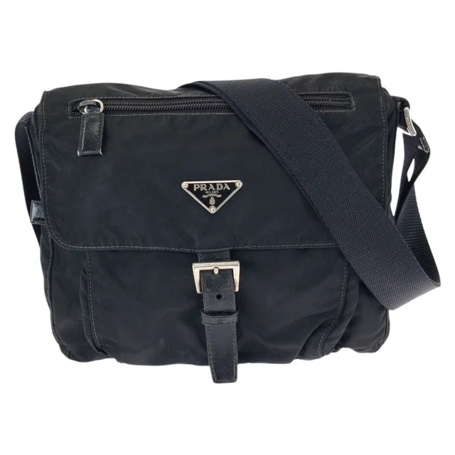 Prada Tessuto Black Silver Nylon Leather Shoulder Bag in Black Nylon from The Reluxe