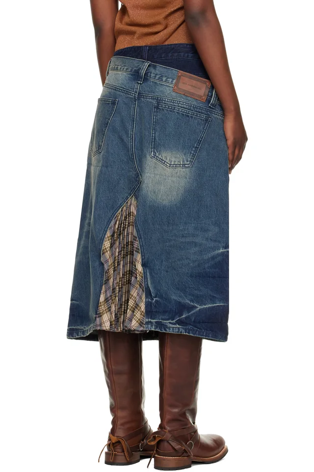 Andersson Bell Blue & Khaki Pleats Combo Flipped Denim Midi Skirt, photo 3 of 4 from SSENSE