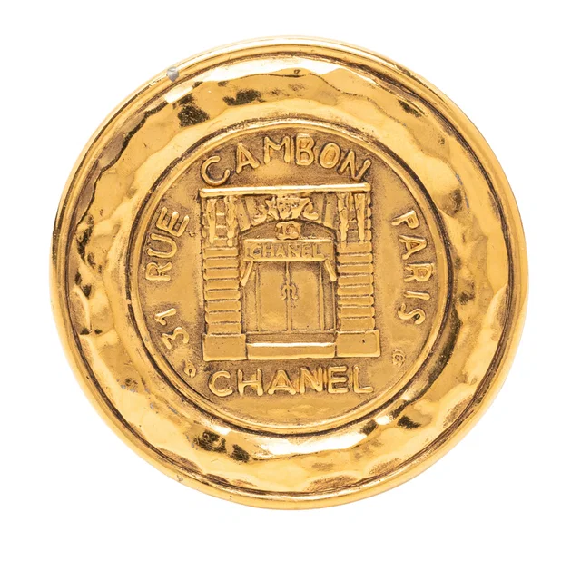 Gold Chanel Gold Plated 31 Rue Cambon Medallion Pin Brooch in Gold from Designer Revival