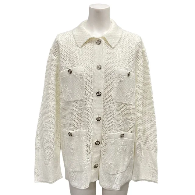 Chanel Jacket M Ivory Autumn Items Mesh Rhinestone in White from The Reluxe
