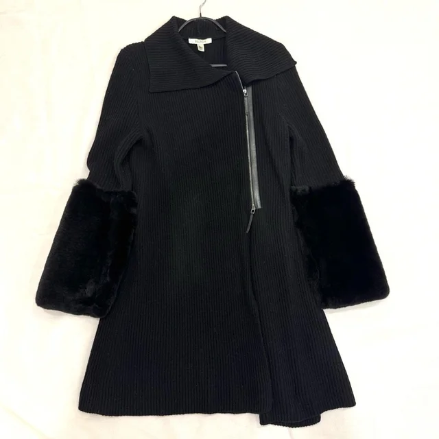 Maxmara Black Cashmere/Wool/Leather Zip Up Sweater Coat W Fur Sleeves, Sz Medium in black Cashmere from Poshmark