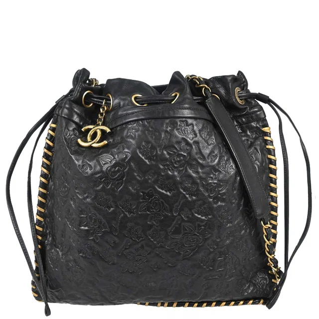 Chanel 2010-2011 Black Embossed Calfskin Icon Drawstring Bucket Shoulder Bag in Black Calfskin from AMORE Vintage Tokyo