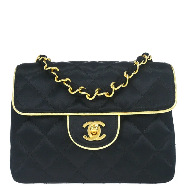 Chanel 1989-1991 Black Satin Mini Classic Square Flap Shoulder Bag 17 in Black Satin from AMORE Vintage Tokyo