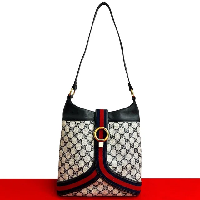 Gucci Vintage Sherry Shoulder Bag Navy- X Red in Red Leather from The Reluxe