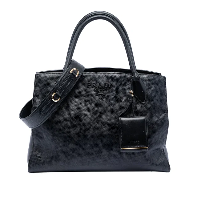 Black Prada Saffiano Cuir Monochrome Satchel in Black Saffiano leather from Designer Revival
