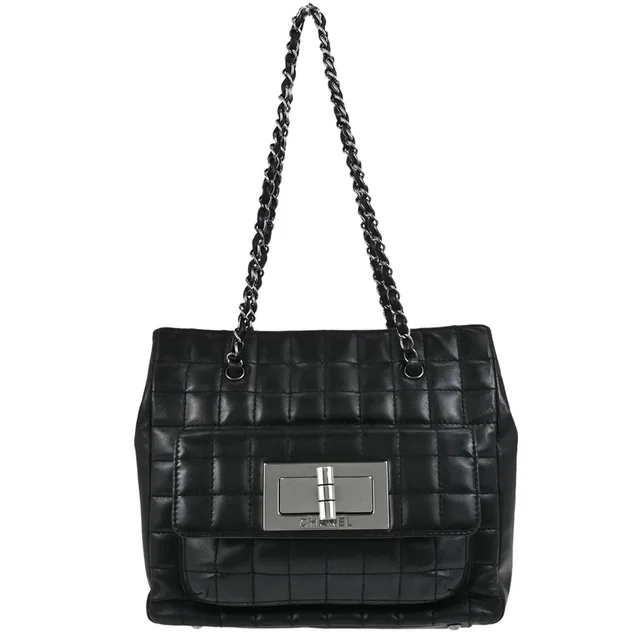 Chanel 2004-2005 Black Lambskin Choco Bar Mademoiselle Lock Tote Handbag in Black Lambskin from AMORE Vintage Tokyo