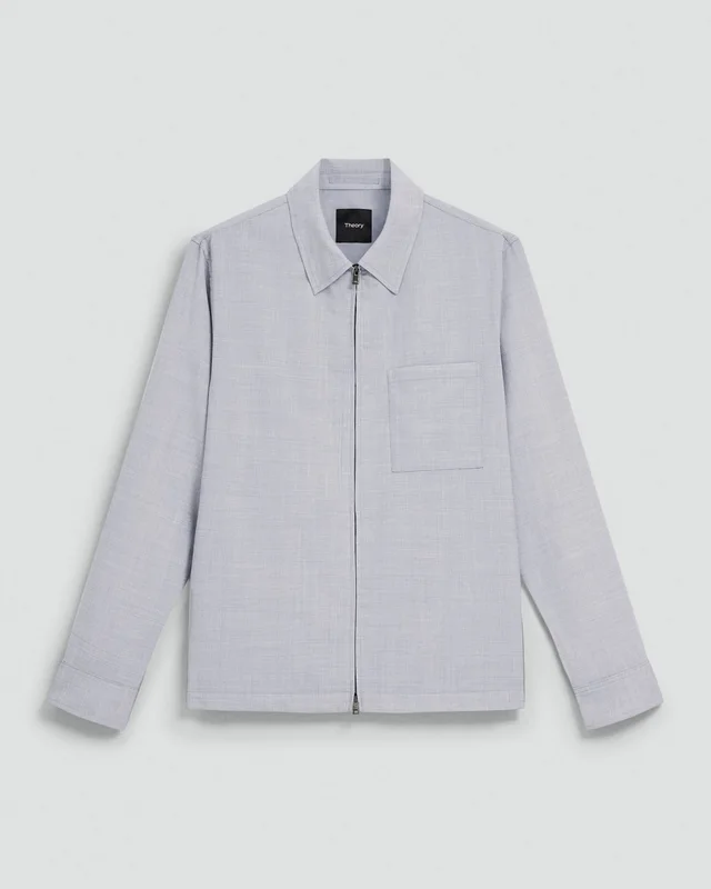 Theory Zip Overshirt in Motion Wool in VAPOR MELANGE 54% Virgin Wool, 25% Recycled Polyester, 20% Polyester, 1% Spandex, photo 6 of 12 from Theory