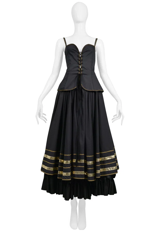 Saint Laurent Black & Gold Corset Top & Fancy Peasant Skirt Ensemble 1970S in Black from Resurrection Vintage