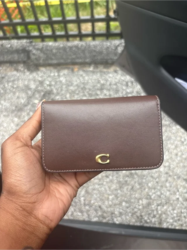 Coach Brown Leather Key & Card Holder With Gold 'C' Accent in gold|brown|red Leather from Poshmark