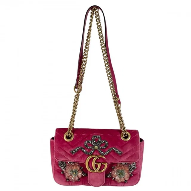 Gucci 2-Way GG Marmont Shoulder Bag Velour Leather Sequin Pink Antique Gold in Pink Leather from The Reluxe