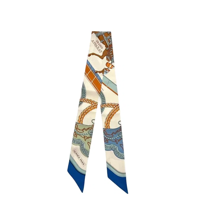 Hermès Ribbon Scarf Twill Beige Blue Dressed Horse Grand Apparat Already in Beige Silk from The Reluxe