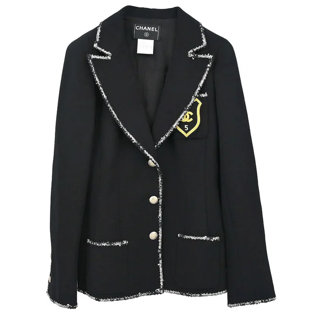 Chanel 2005 Black Emblem Single Breasted Jacket #36 in Black Wool from AMORE Vintage Tokyo
