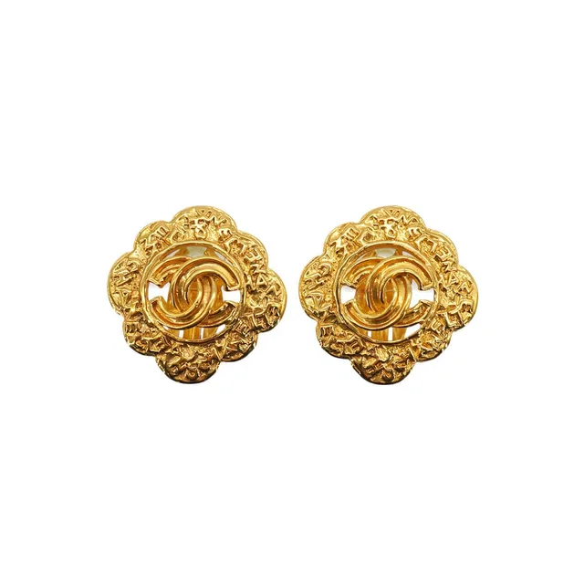 Chanel Vintage Earrings Flower Motif Cocomark Gold Accessory 95A in Gold from Luxury Promise
