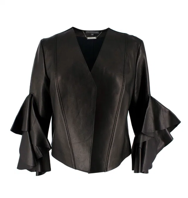 Alexander McQueen Black Leather Ruffled Sleeve Jacket in Black Leather from HEWI