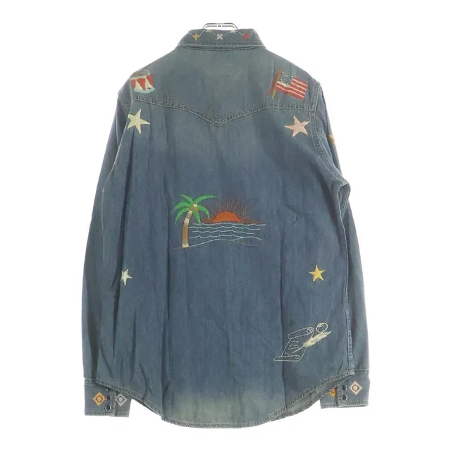 Saint Laurent Floral Embroidery Long Sleeve Denim Shirt Indigo in Denim from The Reluxe
