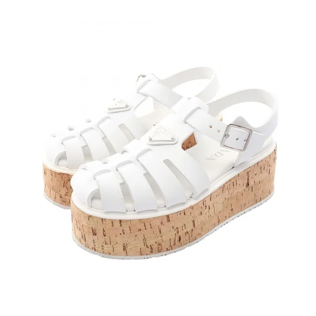 Prada Sandals Triangle Logo Platform White Rubber Wedges in White from The Reluxe