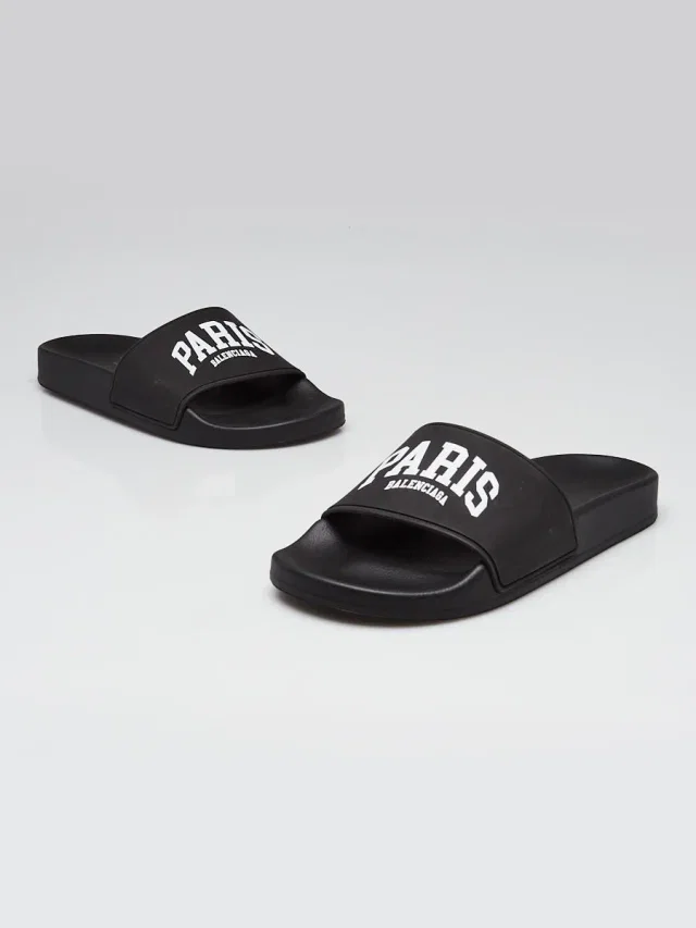 Balenciaga Black Rubber Logo Pool Slides Size 5. /36 in Black from Yoogis