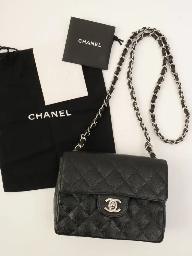 Chanel Circa 2005 Caviar Skin Classic Flap Chain Bag Mini Black in Black Caviar leather from VINTAGE QOO TOKYO, photo 14 of 14