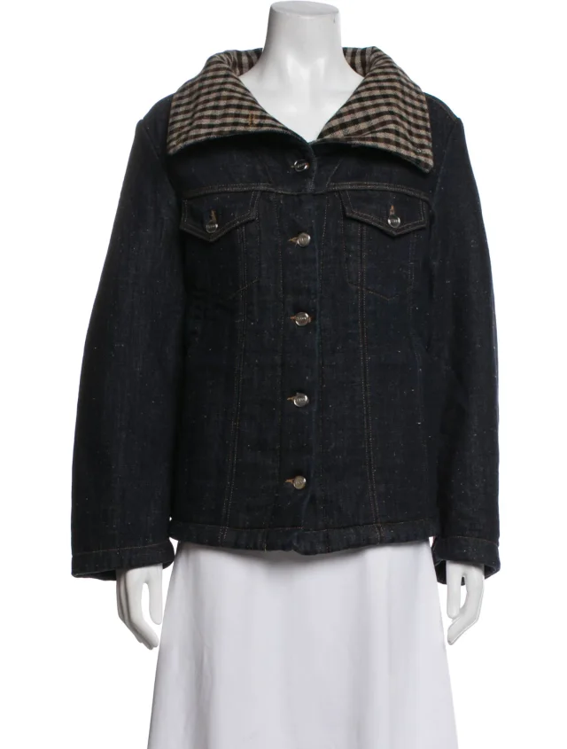 GANNI Plaid Print Denim Jacket w/ Tags in black Denim from The RealReal