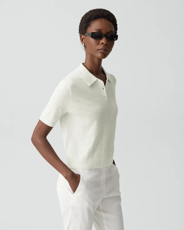 Theory Sheer Polo Shirt in Linen Knit in LIGHT SEA GLASS, photo 2 of 14 from Theory
