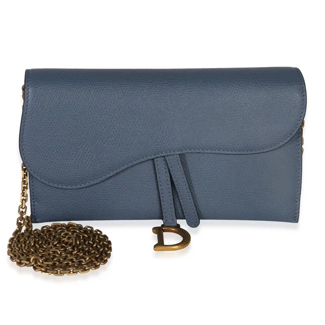 Dior Blue Grained Calfskin Small Saddle Pouch With Chain in Blue Caviar leather from myGemma