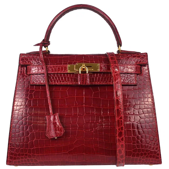 Hermès Rouge Garance Porosus Kelly 28 Sellier 2way Shoulder Handbag in Red from AMORE Vintage Tokyo