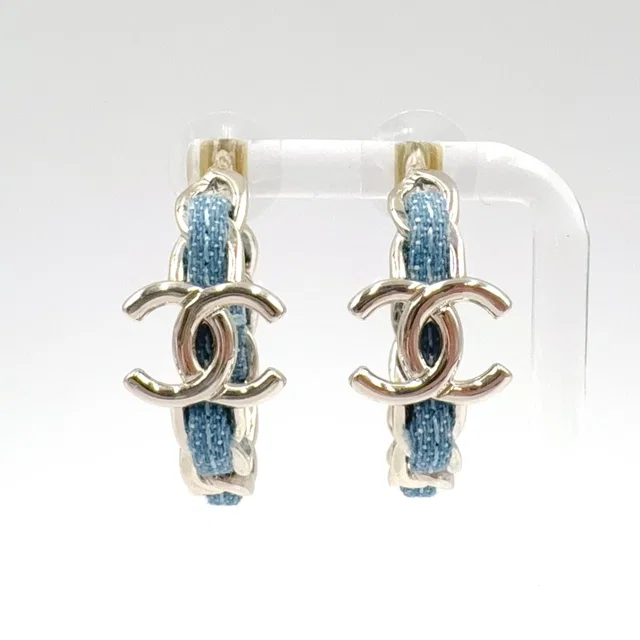 Chanel CC Logo Hoop Metal Denim Silver Blue Earrings in Blue Denim from The Reluxe