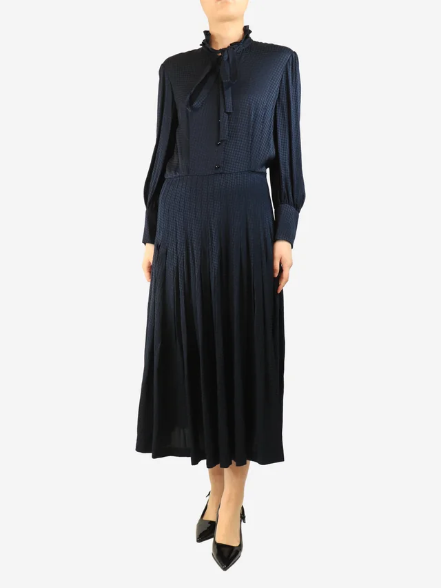 Saint Laurent Navy houndstooth midi dress - size UK 12 in Navy Silk from Sign of the Times
