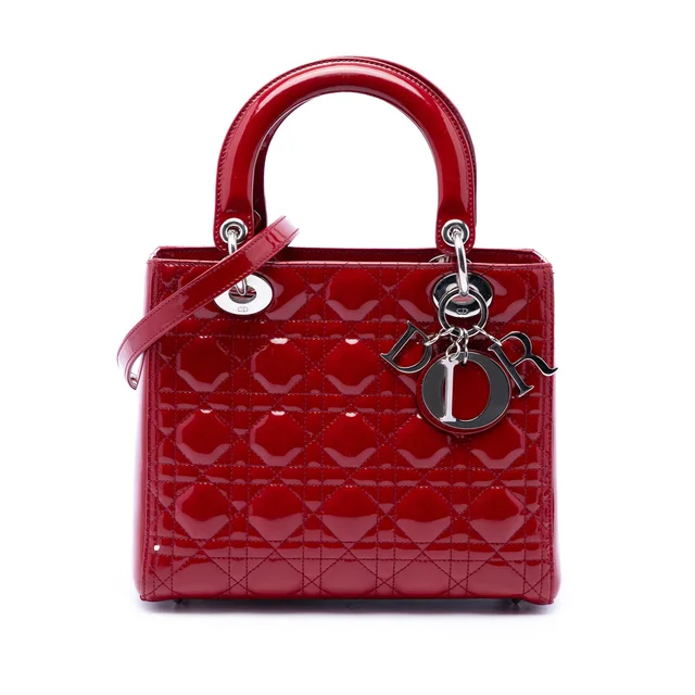 Red Dior Medium Patent Cannage Lady Dior Satchel in Red Patent leather from Designer Revival