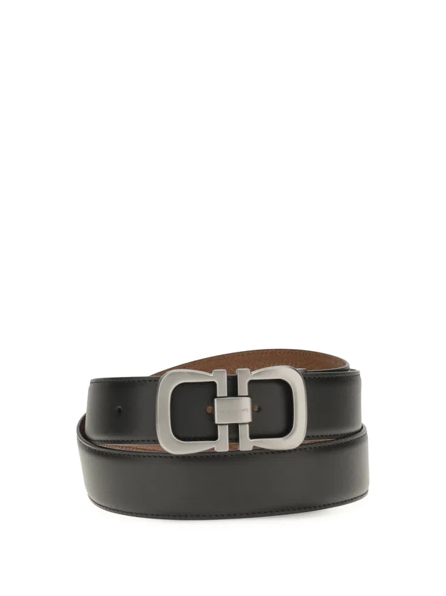 Ferragamo Reversible Leather With Logo Buckle Belt — Black Calf Bos Taurus in Black Leather from HEWI