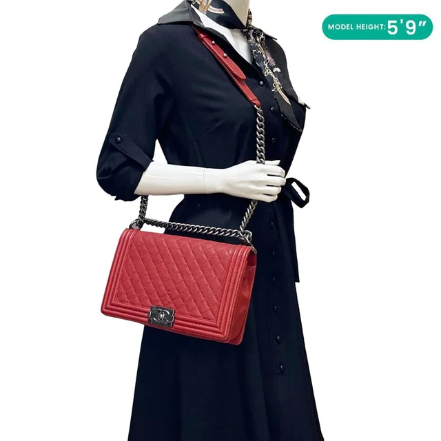 Chanel Boy Flap New Medium Quilted Caviar Leather Chain Shoulder Bag Red in Red Caviar leather from Dallas Designer Handbags