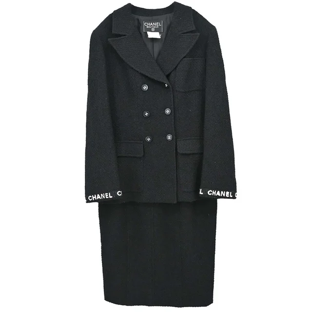 Chanel 1995 Setup Suit Jacket Skirt Black #42 in Black Nylon from AMORE Vintage Tokyo