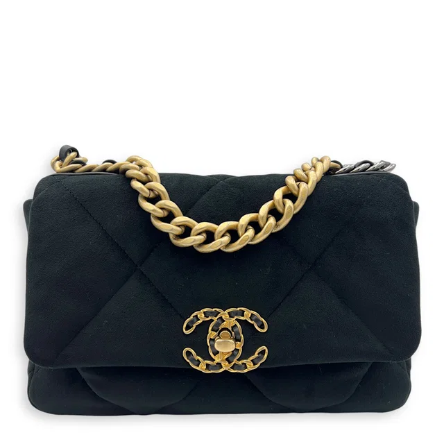 Chanel C19 Small Black Shoulder Bag in Velvet, Mixed hardware in Black Velvet from Luxury Promise