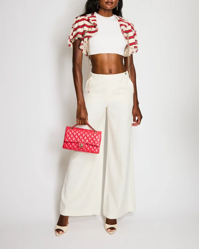 Chanel Cream Knit Wide Leg Trousers with Silver Mirror CC Logo Button Detail Size FR 36 (UK 8) in White Silk from Sellier