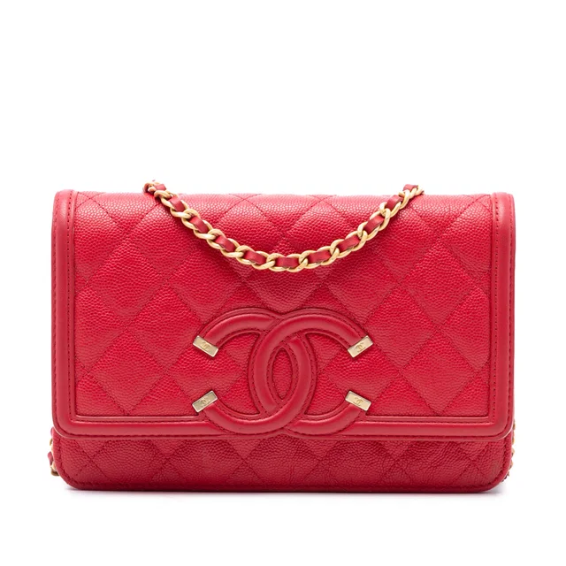 Red Chanel Caviar CC Filigree Wallet On Chain Crossbody Bag in Red Caviar leather from Designer Revival