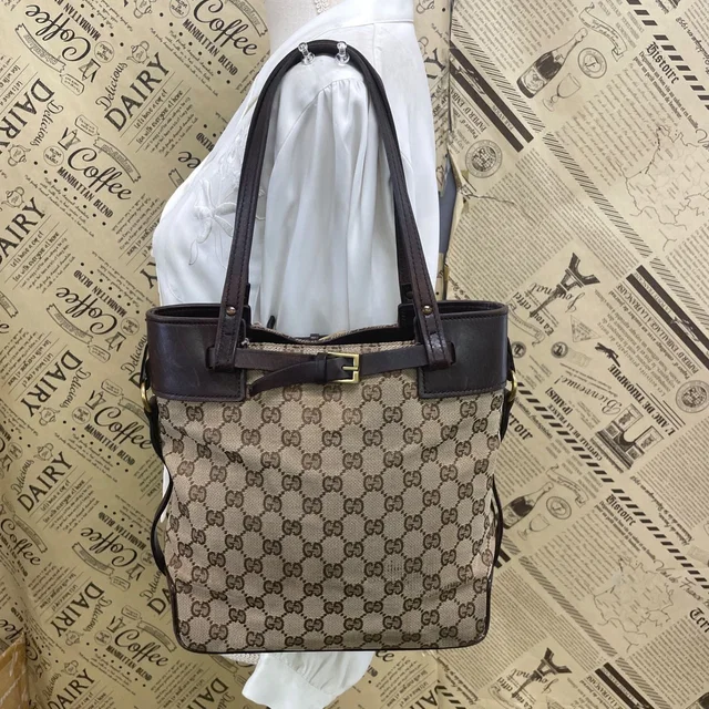 Gucci GG Canvas Tote Bag Leather Detail Brown GH 96 in Brown Canvas from The Reluxe