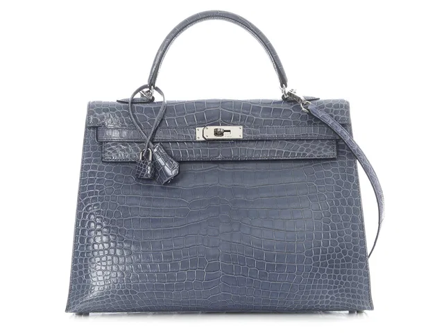 Hermès Bleu Brighton Shiny Porosus Crocodile Kelly 35 in Blue Crocodile from Ann's Fabulous Finds