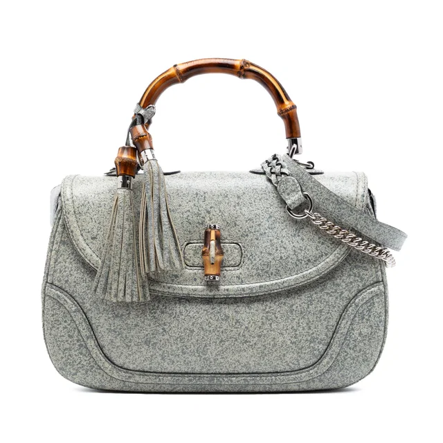 Gray Gucci Large Speckled Leather New Bamboo Top Handle Bag Satchel in Grey Leather from Designer Revival