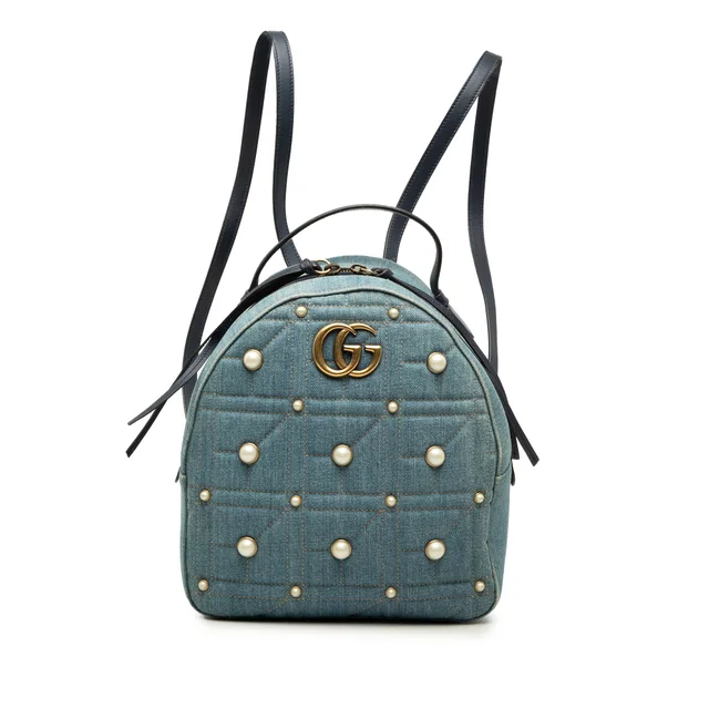 Blue Gucci Small GG Marmont Pearl Studded Matelasse Denim Backpack in Blue Denim from Designer Revival