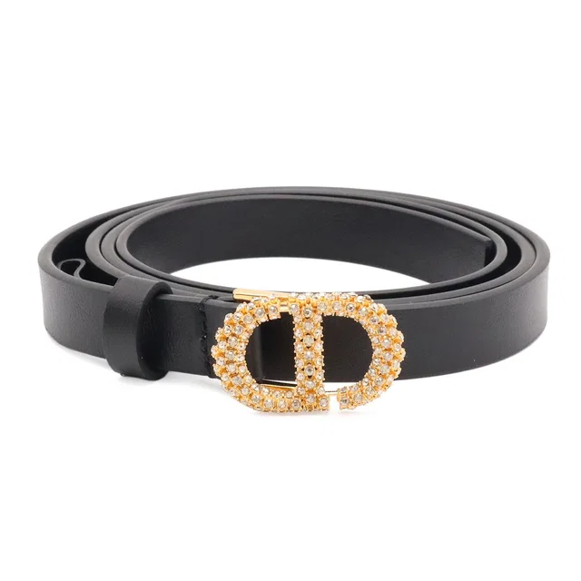 Dior Logo Rhinestone Narrow Belt Leather Black Gold 70 in Black Leather from The Reluxe