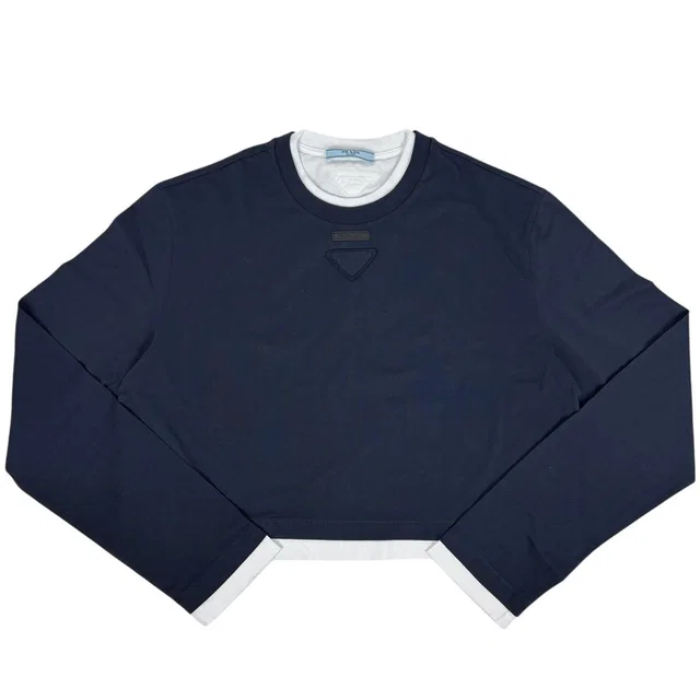 Prada Triangle Logo Long Sleeve T-Shirt Layered Top Cotton Navy White in White from The Reluxe