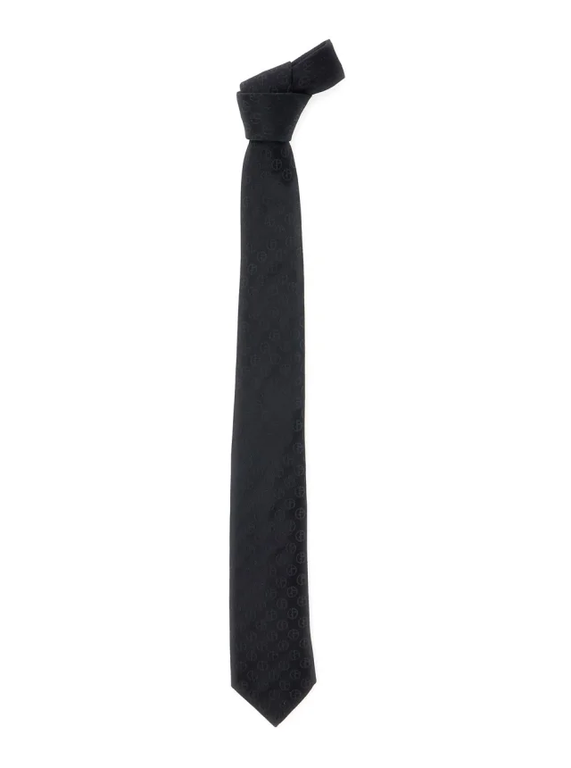 Black Tie with Tone-on-Tone All-Over Logo in Silk Man in Black, image 1 of 1 from Gaudenzi Boutique