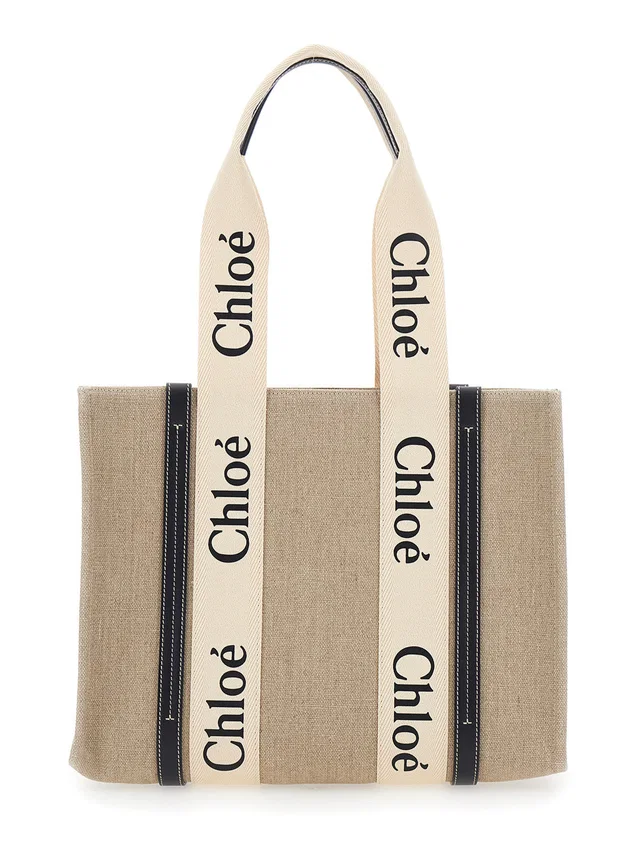 Chloé Logo-Printed Linen Tote Bag — Beige in Beige Leather from HEWI